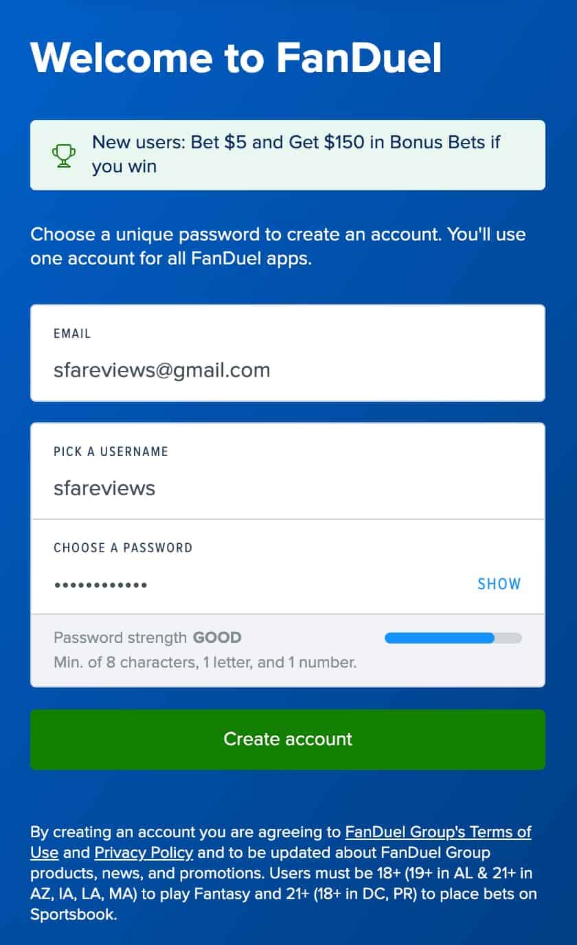 FanDuel Sign up screen